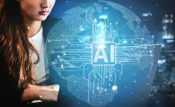 Woman looking at a globe labeled AI.