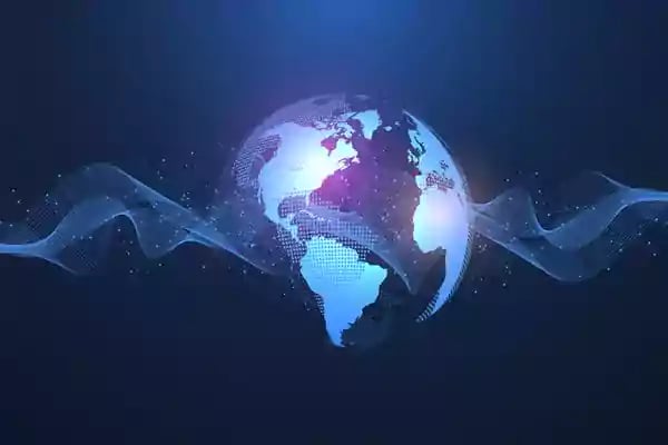 Globe with wave of digital netting.