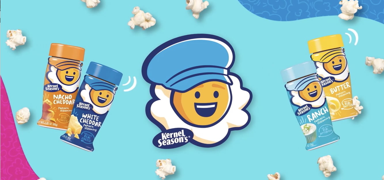 Colorful Kernel Season’s campaign artwork with popcorn seasonings and its mascot